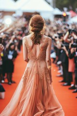 Wall Mural - A woman in formal attire walks along a long red carpet, often used for celebrity events or awards ceremonies