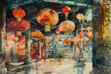 Poster - A watercolor painting of colorful lanterns suspended from a ceiling