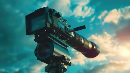 Poster - A camera on a tripod set up outdoors, with the warm glow of the sun behind it