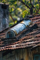 Poster - A rooftop feature with a metal pipe on top, suitable for use in architectural or urban planning contexts