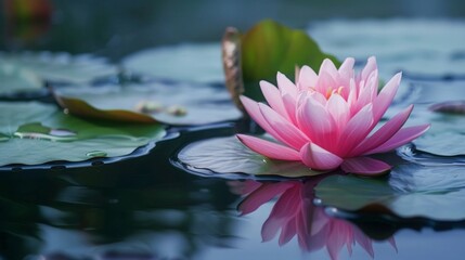 Poster - A single pink water lily blooms in a pond, its petals unfurling gracefully. The lilys reflection is visible in the calm water, creating a serene and tranquil scene.