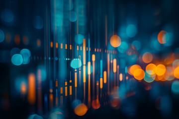 dynamic perspective view of stock market growth, featuring ascending graphs and bar charts illuminated against a dark blue blurry background, symbolizing financial success and mark