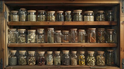 Poster - A wooden shelf filled with many glass jars, perfect for storing and displaying kitchen or bath essentials