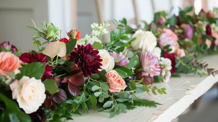 Aufkleber - A close-up view of a floral centerpiece featuring burgundy dahlias, pink roses, white roses, and greenery on a white table.