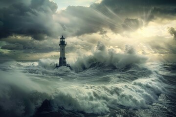 Poster - Lighthouse in Stormy Ocean