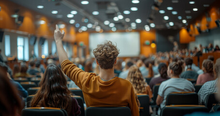 Poster - A student raises their hand during a lecture in a large university auditorium.