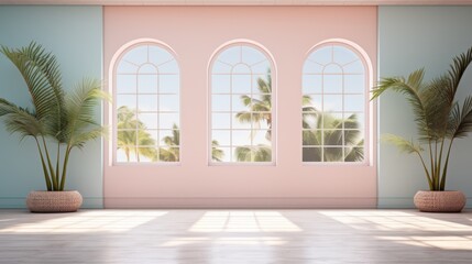 Poster - serene yoga studio with pastel-colored walls and tropical leaf accents, fostering a sense of peace and tranquility.