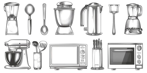 Poster - A group of kitchen appliances and utensils arranged on a table or countertop, ready for use