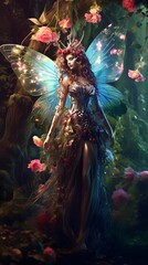 Wall Mural - Fantasy illustration of a fairy with wings, flowers and leaves.