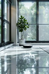 Sticker - A potted plant sits atop a white tiled floor, simple and elegant