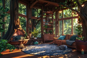 Poster - Cozy living room with comfortable furniture and plenty of natural light from the large windows