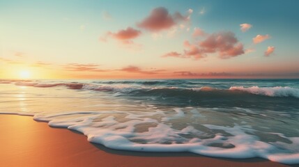 Poster - serene beach at sunset, with gentle waves lapping at the shore and the sun dipping below the horizon.