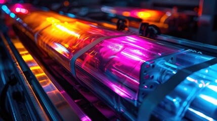 Canvas Print - Close-up shot of lights on a conveyor belt, ideal for use in industrial or commercial settings