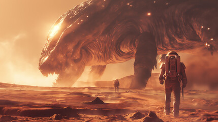 Astronauts face a colossal alien creature on a desolate, red planet. The creature's immense size dwarfs the astronauts, creating a sense of awe and danger.