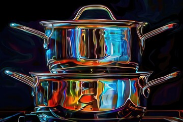 Poster - Three ceramic pots and pans stacked on a kitchen stove