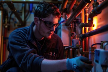 Poster - A person in glasses is focused on repairing a pipe