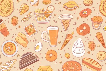 Wall Mural - Image showing a variety of foods and drinks, including sweet treats, savory dishes, and refreshing beverages