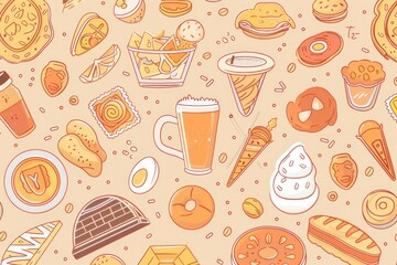 Sticker - Image showing a variety of foods and drinks, including sweet treats, savory dishes, and refreshing beverages