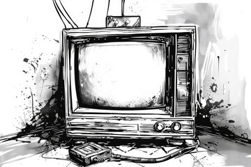 Poster - A black and white illustration of an old television set