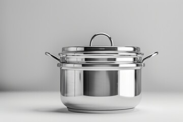 A stainless steel pot with a lid placed on a table, suitable for various uses such as cooking or serving