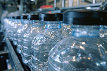 Wall Mural - A row of bottled water bottles moving along a conveyor belt, often used in scenes with food production or beverage processing