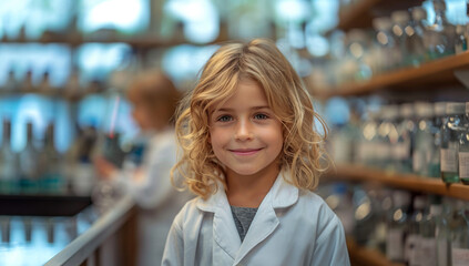Aufkleber - A young girl with long blonde hair smiles while wearing a white lab coat in a science lab.