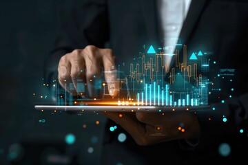 Aufkleber - Man holding a tablet with graphical data, suitable for use in business or financial contexts