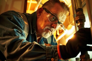 Poster - A person with glasses and a beard is shown fixing a pipe, providing a clear representation of this everyday activity
