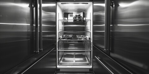 Aufkleber - A stainless steel refrigerator with the door open, revealing its interior