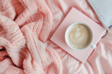 Poster - A person takes a break with a cup of coffee and a notebook on a bed, great for illustrations about relaxation, study, or self-care