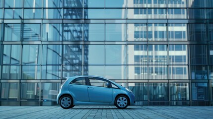 Poster - A small blue car is parked in front of a modern glass building