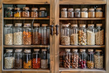 Poster - A wooden cabinet filled with various types of food