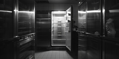 Poster - A photo of an empty black and white refrigerator, perfect for minimalist or retro-themed designs