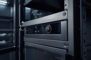 Aufkleber - A close-up shot of a microwave oven placed on a rack, ready for use