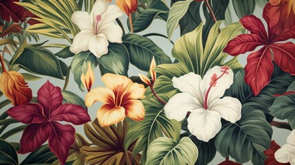 Wall Mural - Wallpaper featuring a seamless pattern of tropical leaves and flowers, exuding a sense of tranquility and nature's beauty.