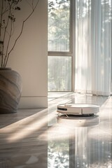 Aufkleber - A robotic vacuum cleaner on the floor of a room, ready for use