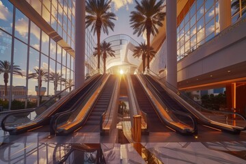 Aufkleber - An escalator in a modern building with palm trees in the background, perfect for use in interior design or architecture concepts