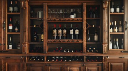 Poster - A wooden cabinet filled with bottles of wine and glasses, perfect for wine tastings or home decor