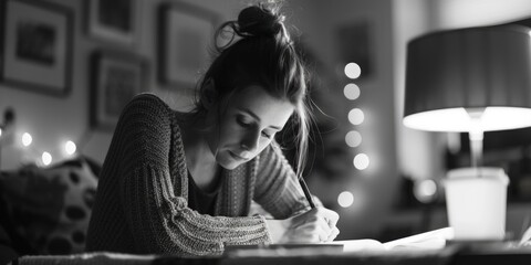 Poster - A woman sitting at a table writing on a piece of paper