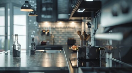 Poster - A simple kitchen counter setup with a bottle of wine