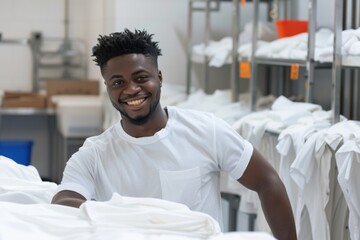 Aufkleber - A man wearing a white shirt smiles in a factory setting, perfect for use in images related to industry, employment, or workplace culture