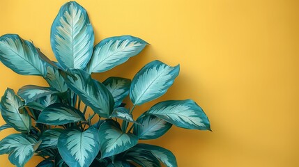 Poster - A close-up of a houseplant with green and white variegated leaves against a vibrant yellow wall.