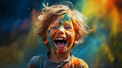 Poster - joyful child covered in Holi colors, their face beaming with happiness.