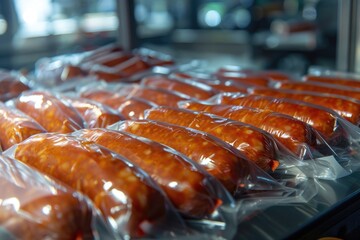 Poster - Close-up of sausages wrapped in plastic packaging