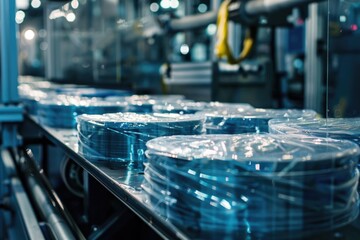 Aufkleber - A conveyor belt filled with many blue discs