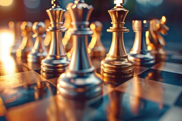 Poster - A detailed view of a chessboard with multiple pieces, suitable for illustrating strategies or games