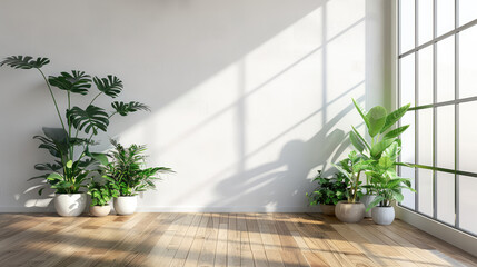 Wall Mural - Empty Room Interior with a Plant in a White Pot on Wooden Floor. Touch of Nature in a Minimalist Space