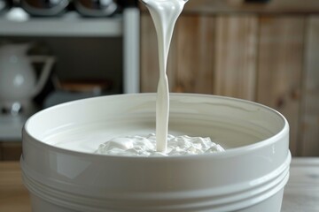 Poster - A white bowl filled with a liquid pouring out of it, suitable for use in various scenes, such as kitchen, laboratory, or medical settings