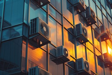 Poster - A building with air conditioning units installed on its exterior, providing cooling and ventilation