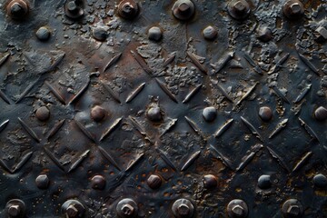 Aufkleber - A close-up view of a rusted metal surface with visible rivets and screws